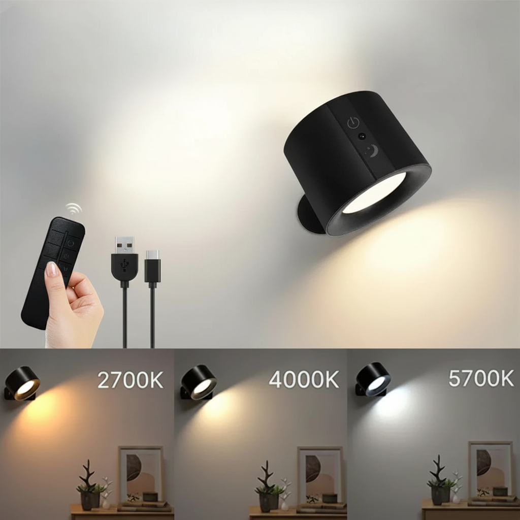 Svart LED vägglampa med fjärrkontroll och tre färgtemperaturer