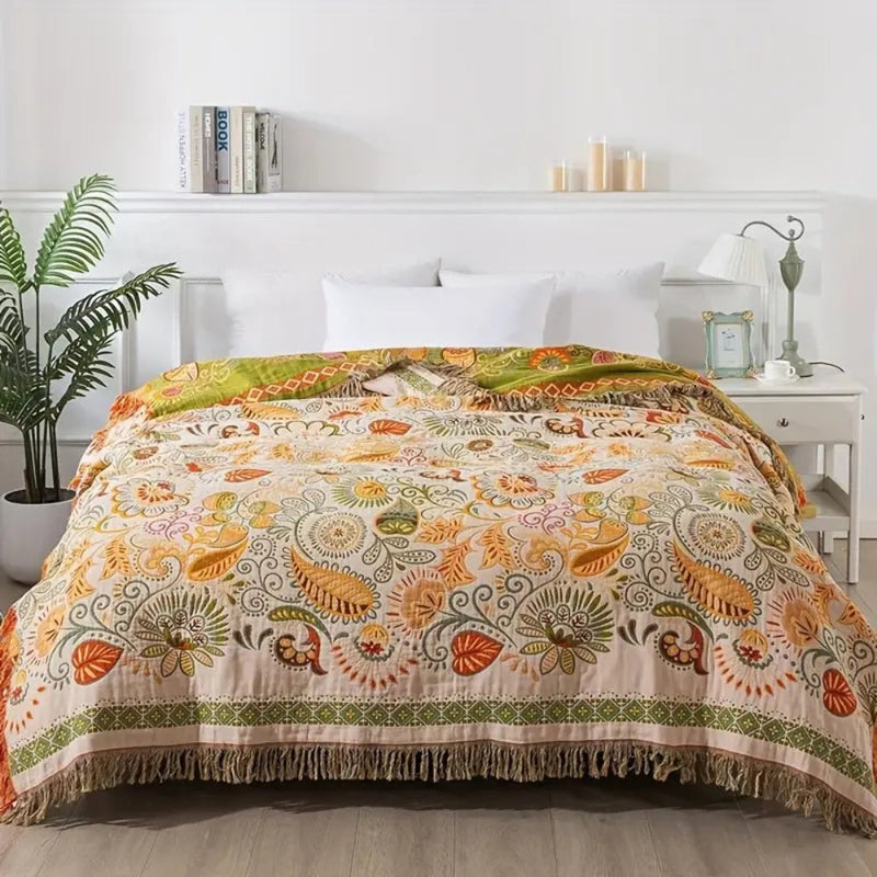 Reversible bohemian blanket with floral pattern
