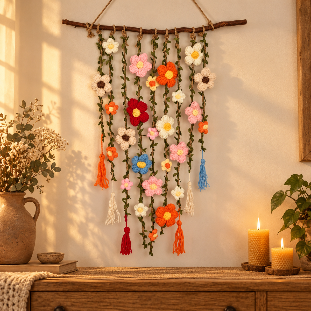 Virkat Blomhänge – Boho Väggdekoration med Tofsar