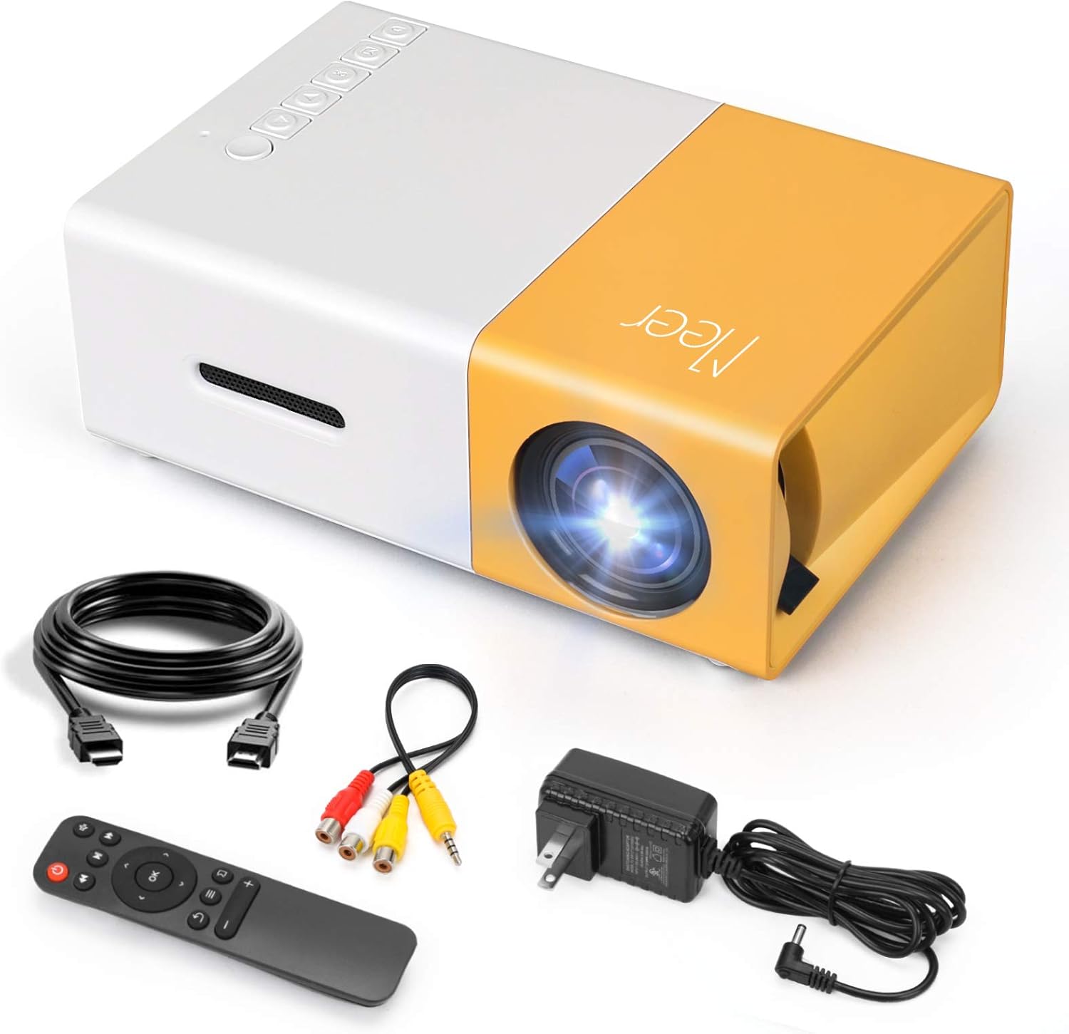 MEER YG300 mini LED-projektor med fjärrkontroll och kablar