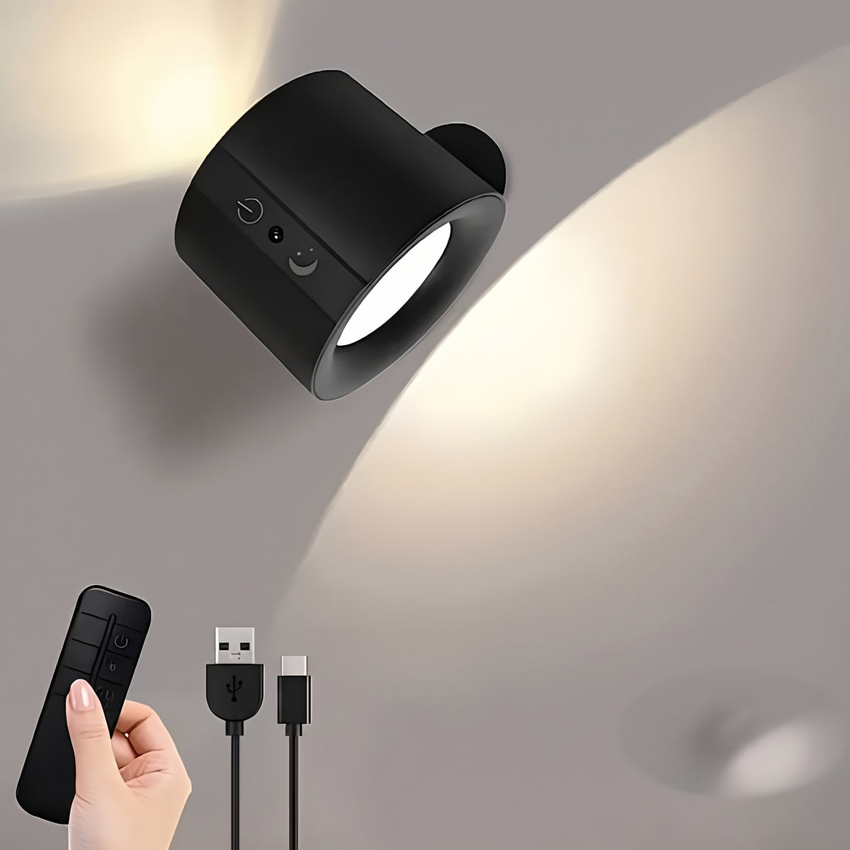 Svart magnetisk LED vägglampa med fjärrkontroll och USB-C-kabel