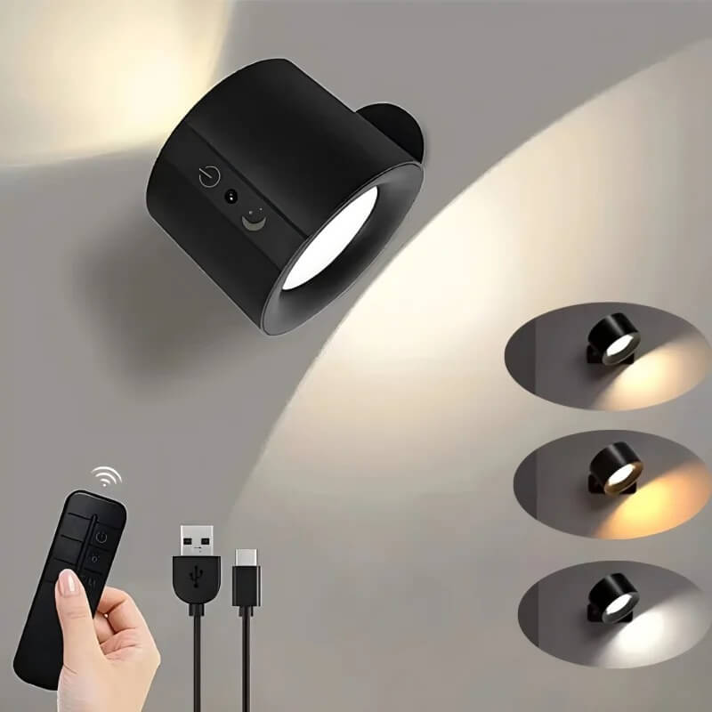 Svart magnetisk LED vägglampa med fjärrkontroll och USB-C-kabel
