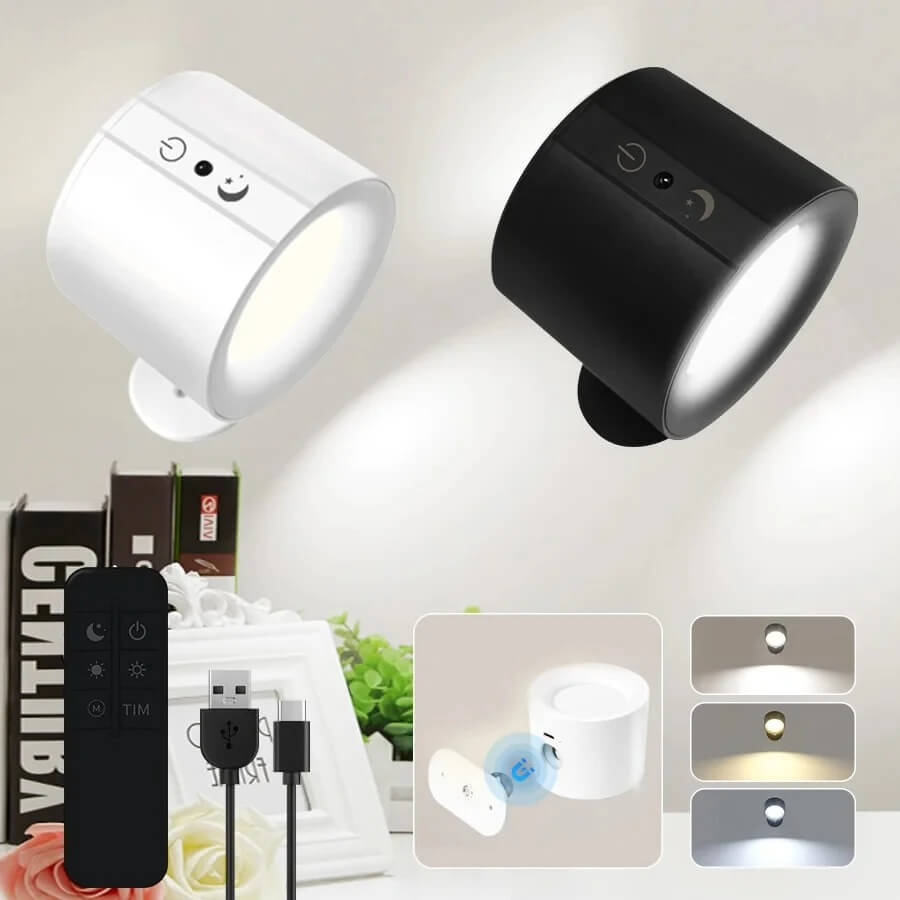 Vit och svart LED vägglampa med fjärrkontroll och USB-C