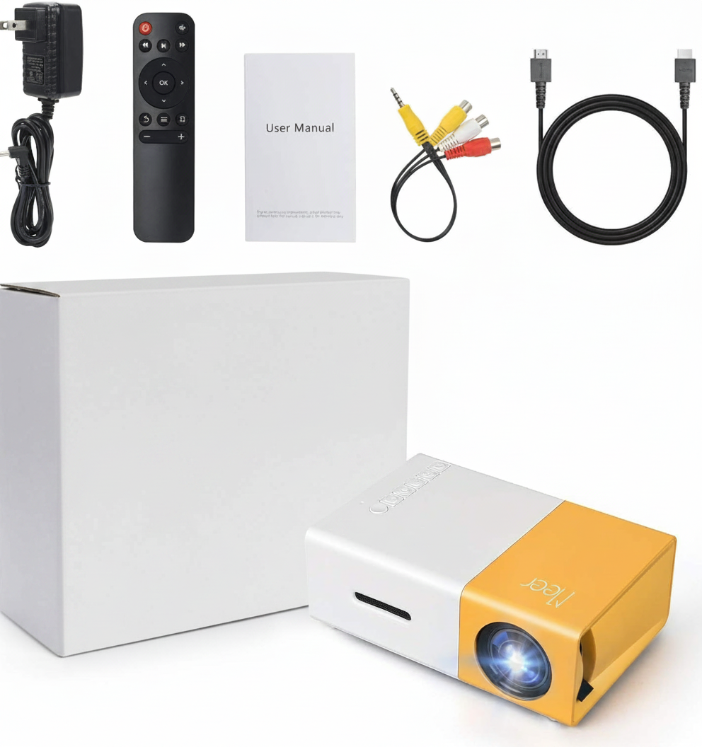MEER YG300 mini-projektor med förpackning och tillbehör