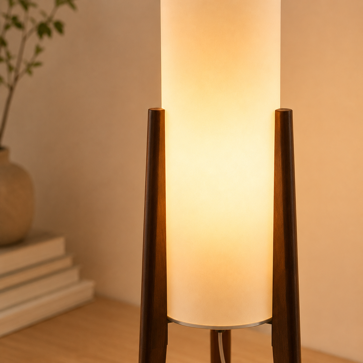 Atmosfärisk Golvlampa med Träfot – Beige Bomullsskärm