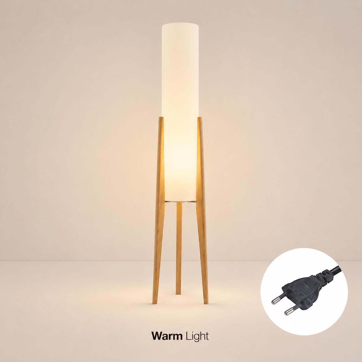 Atmosfärisk Golvlampa med Träfot – Beige Bomullsskärm