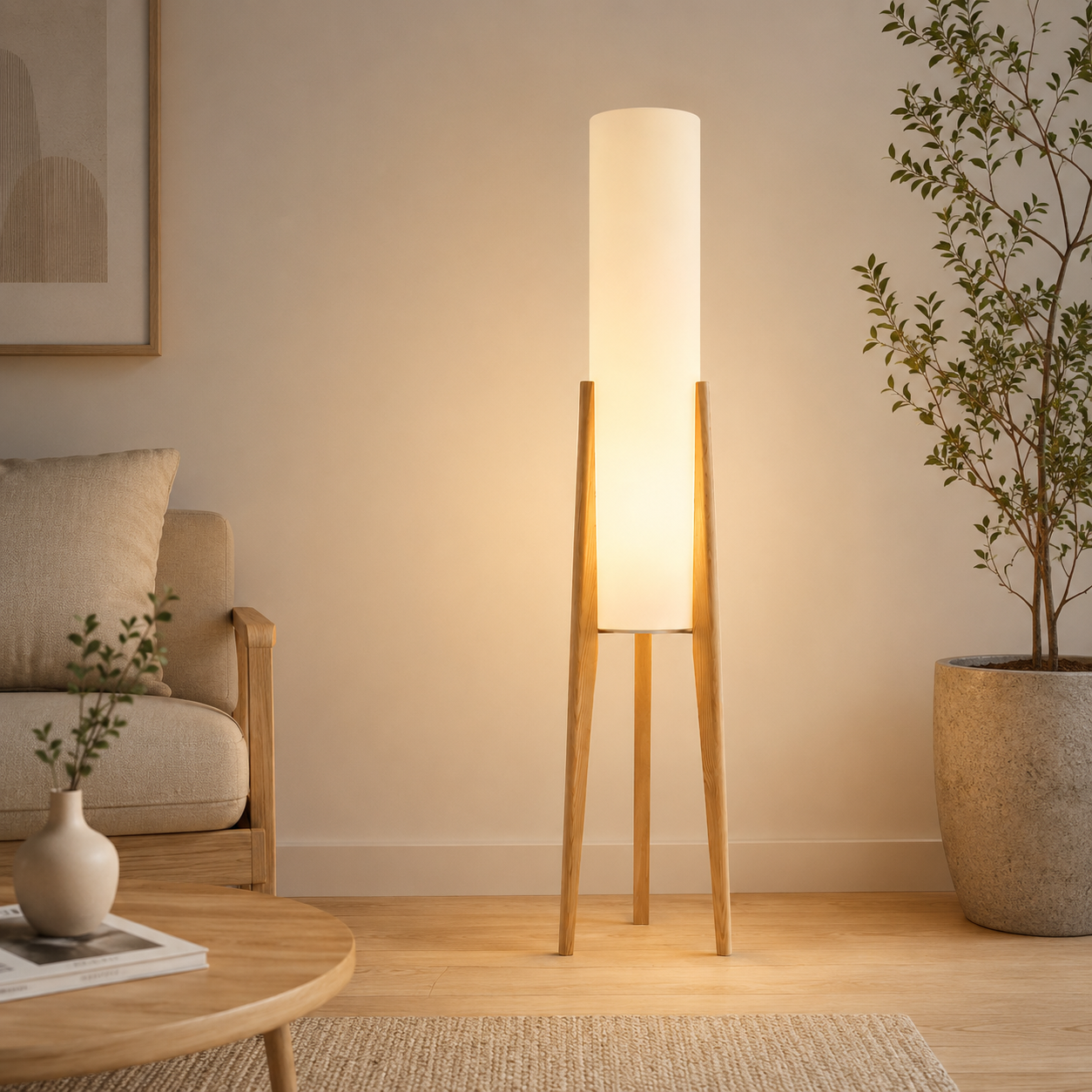 Atmosfärisk Golvlampa med Träfot – Beige Bomullsskärm