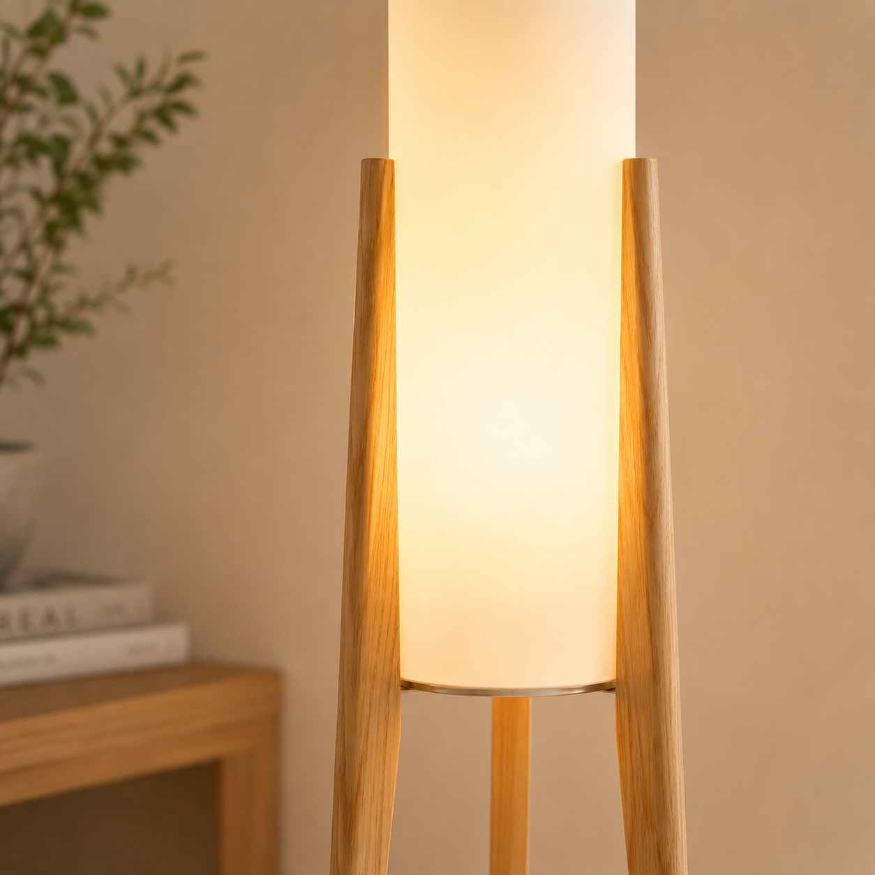 Atmosfärisk Golvlampa med Träfot – Beige Bomullsskärm