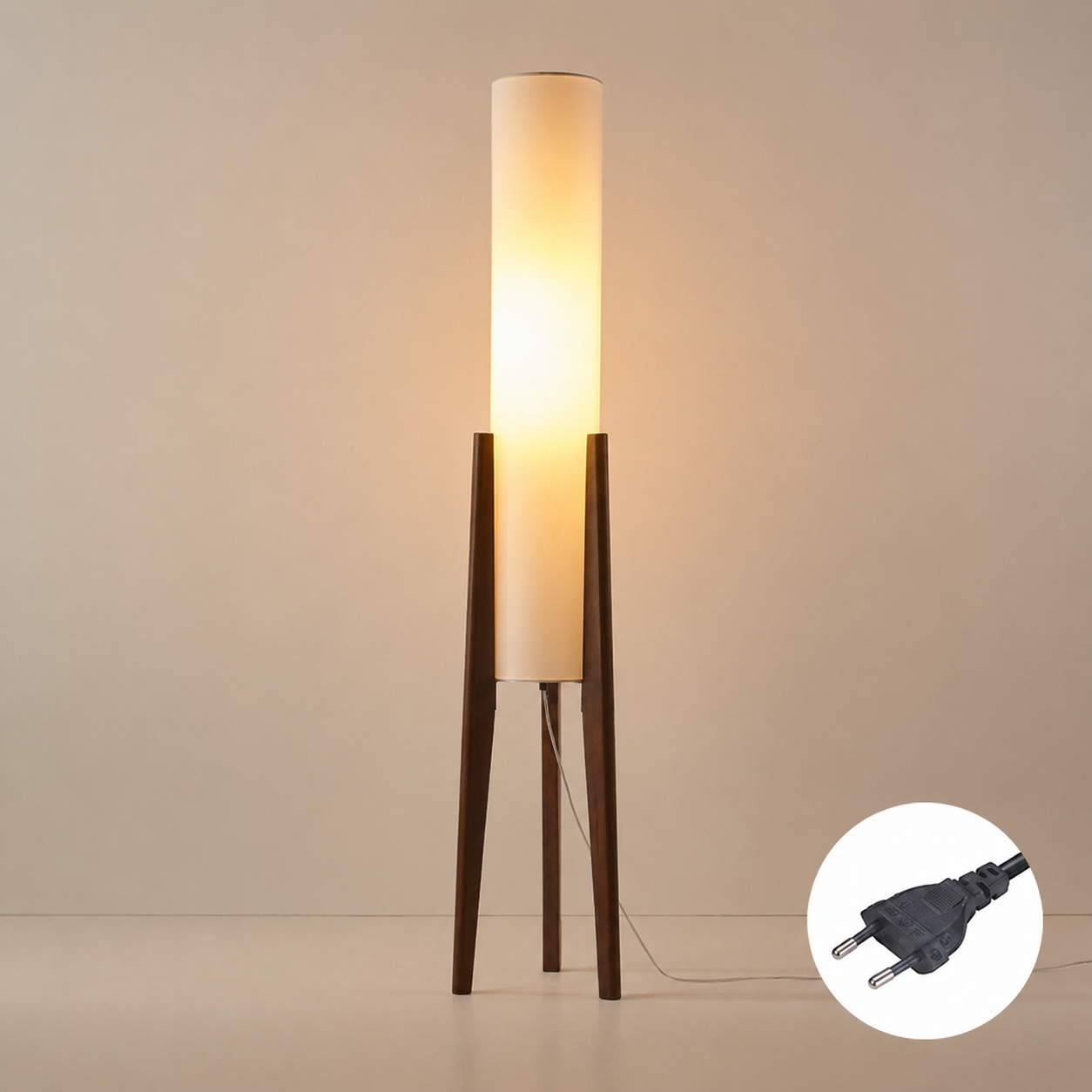 Atmosfärisk Golvlampa med Träfot – Beige Bomullsskärm