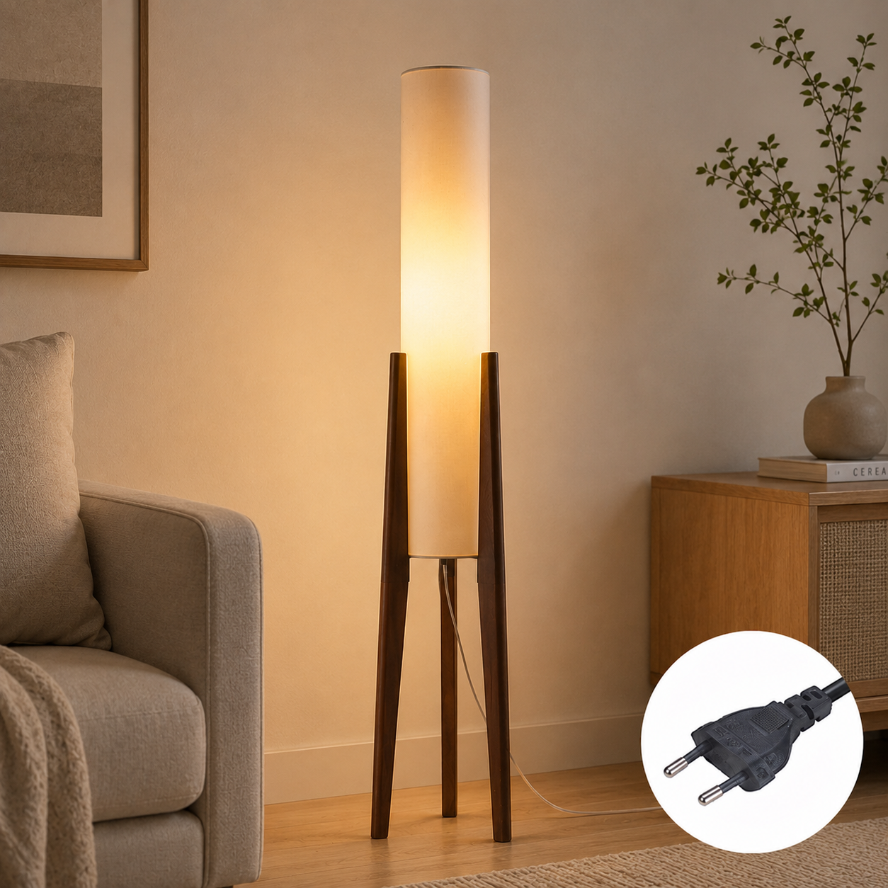 Atmosfärisk Golvlampa med Träfot – Beige Bomullsskärm