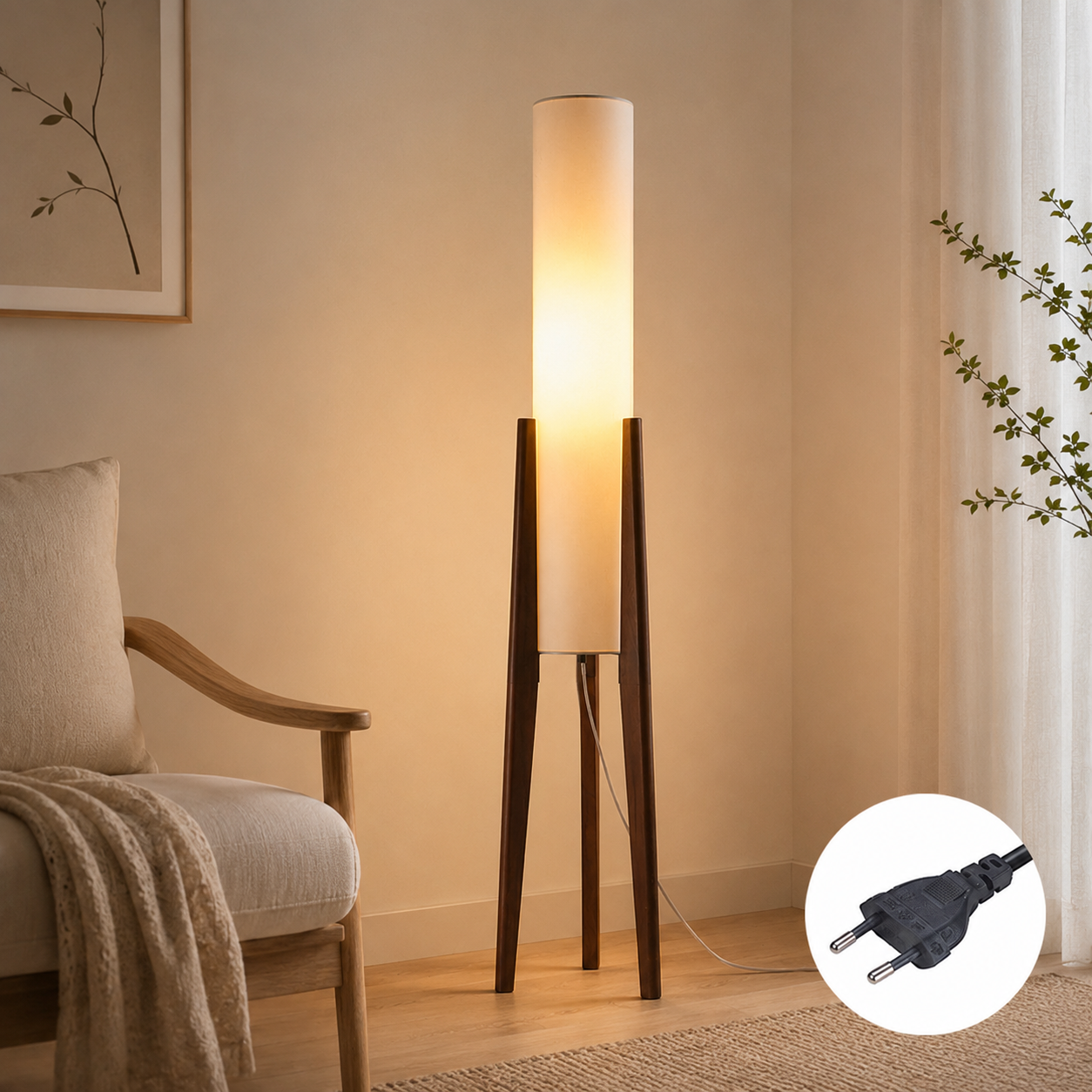 Atmosfärisk Golvlampa med Träfot – Beige Bomullsskärm