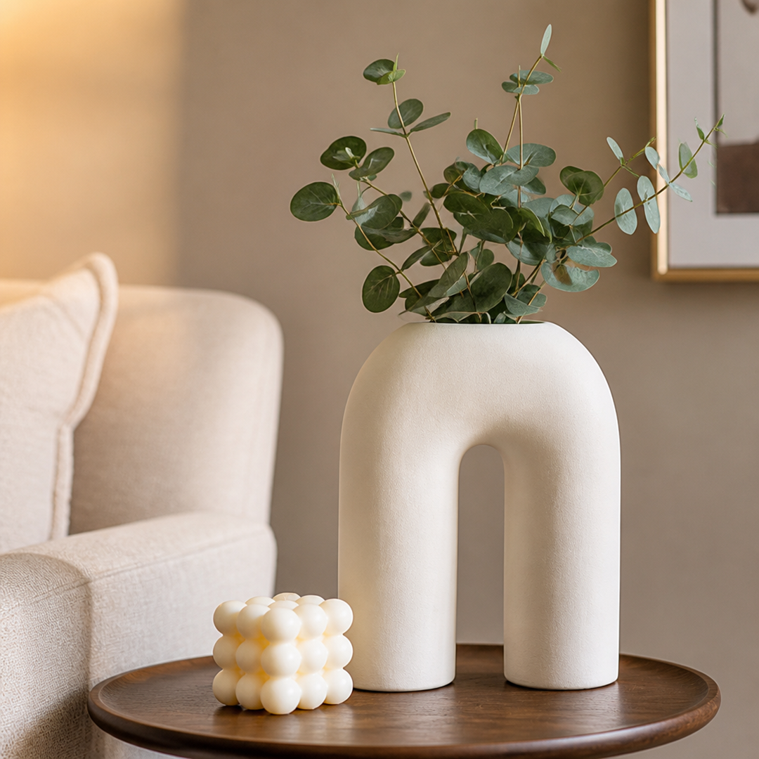 Dekorativ Keramikvas i Beige – Bågformad Design