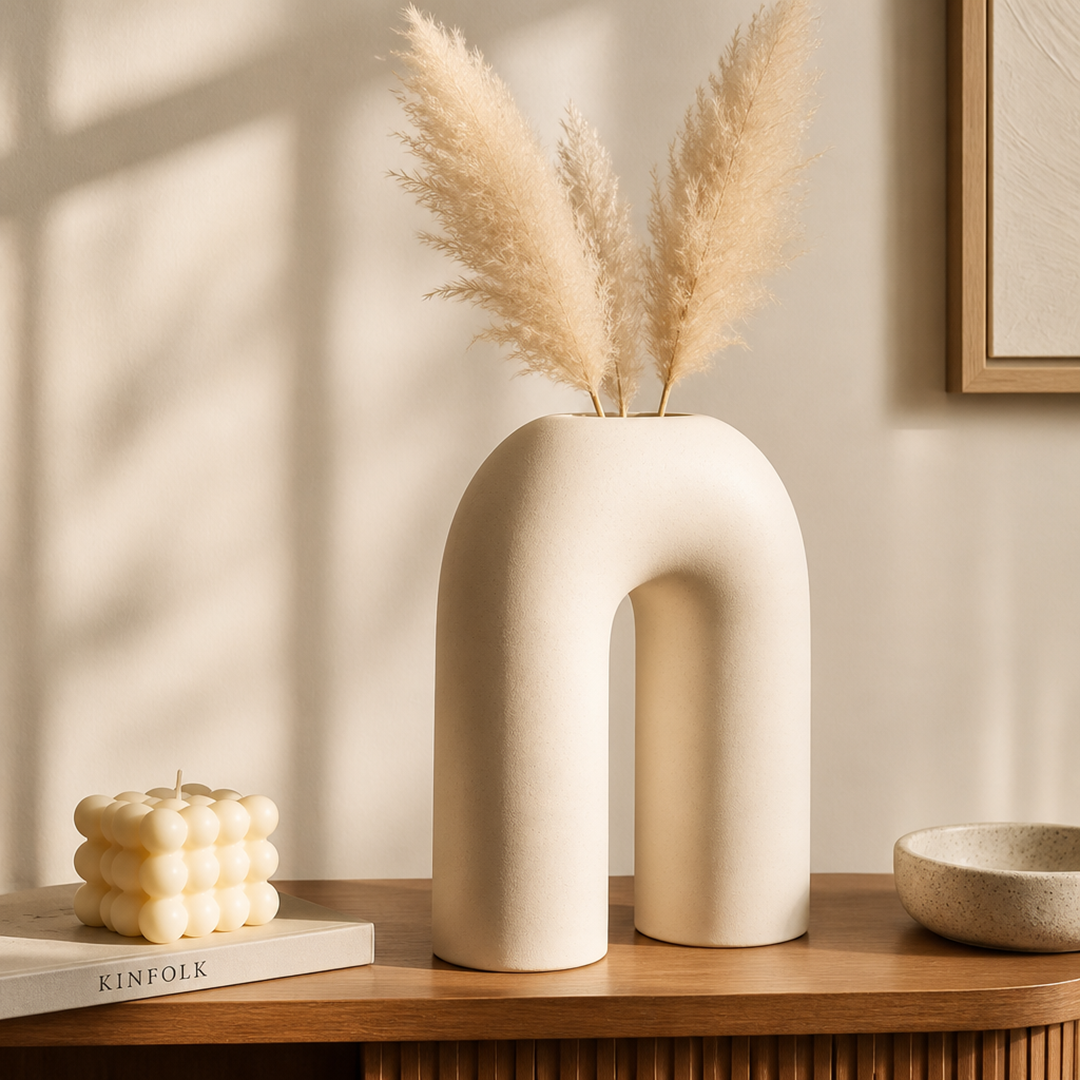 Dekorativ Keramikvas i Beige – Bågformad Design