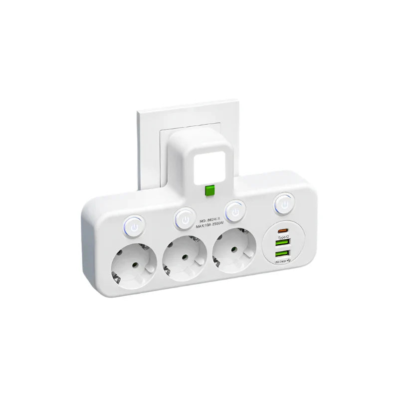 3-vägs uttagsdelare med individuella strömbrytare och dubbla USB-laddningsportar bild 1