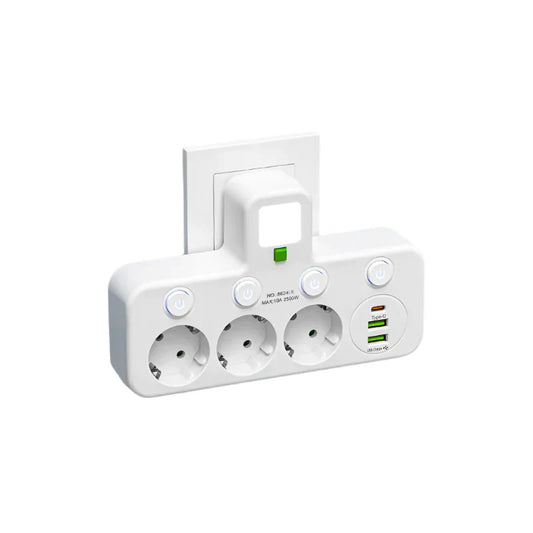 3-vägs uttagsdelare med individuella strömbrytare och dubbla USB-laddningsportar bild 1