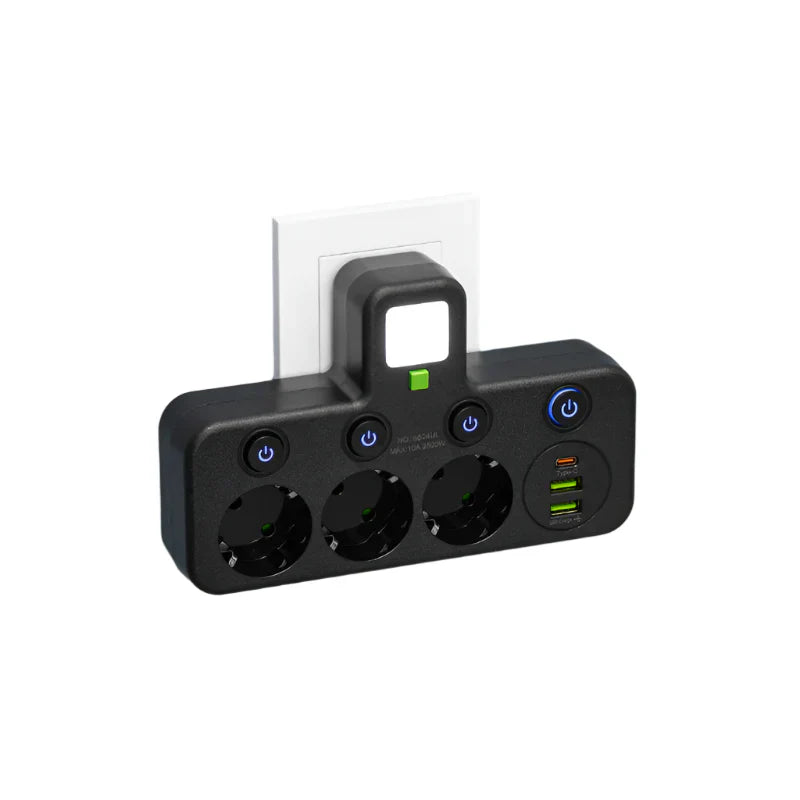 3-vägs uttagsdelare med individuella strömbrytare och dubbla USB-laddningsportar bild 2