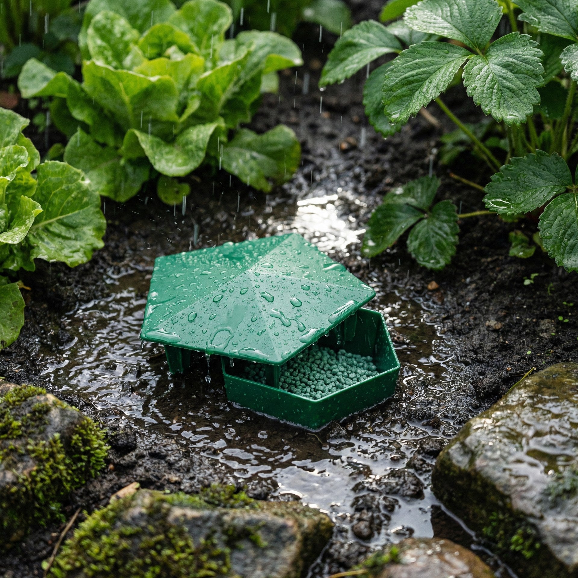 Snigelfälla med Ferramol i regn visar väderskyddat tak