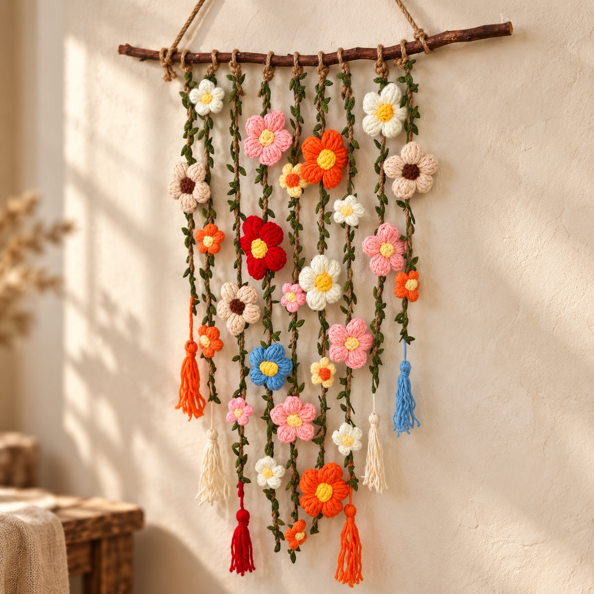 Virkat Blomhänge – Boho Väggdekoration med Tofsar