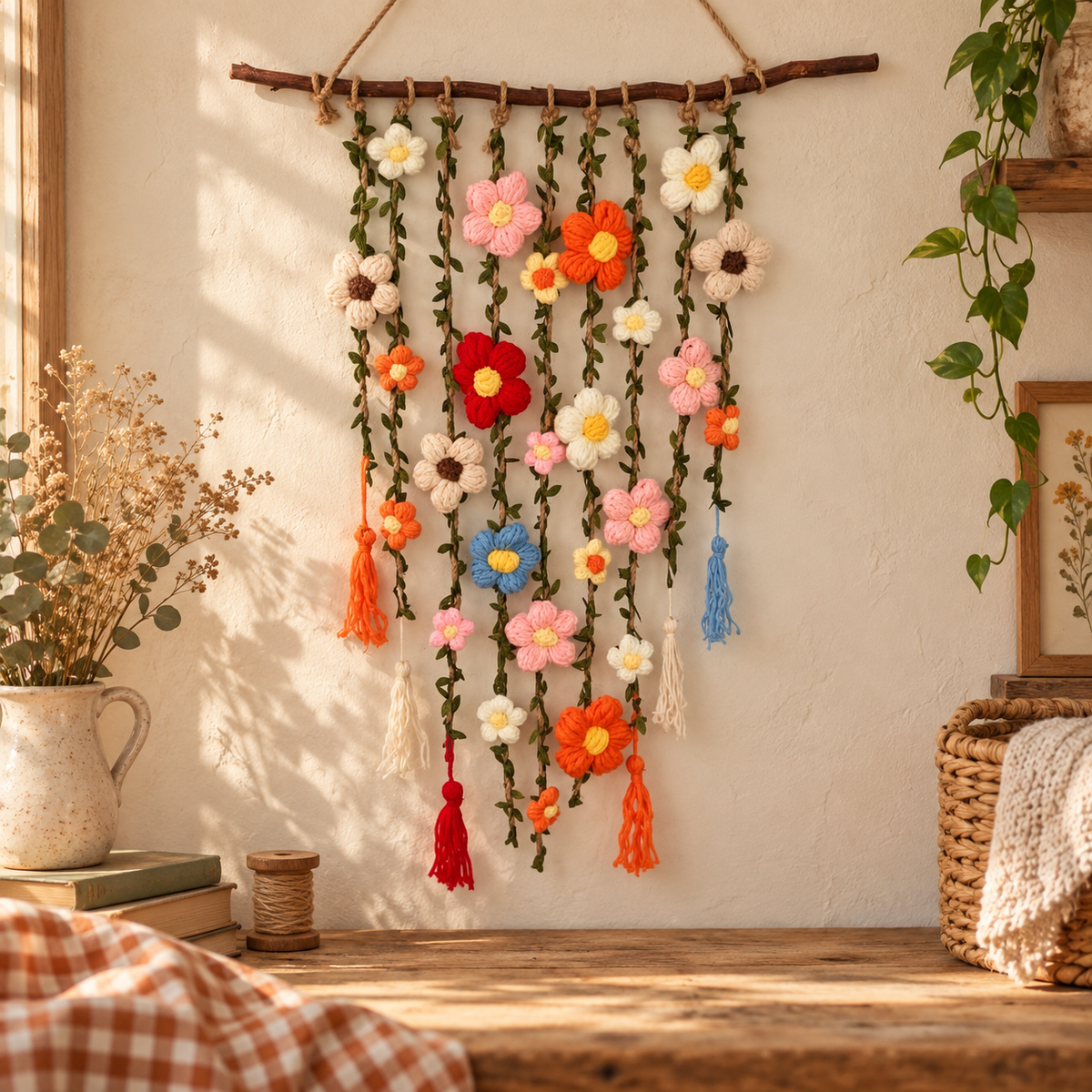 Virkat Blomhänge – Boho Väggdekoration med Tofsar