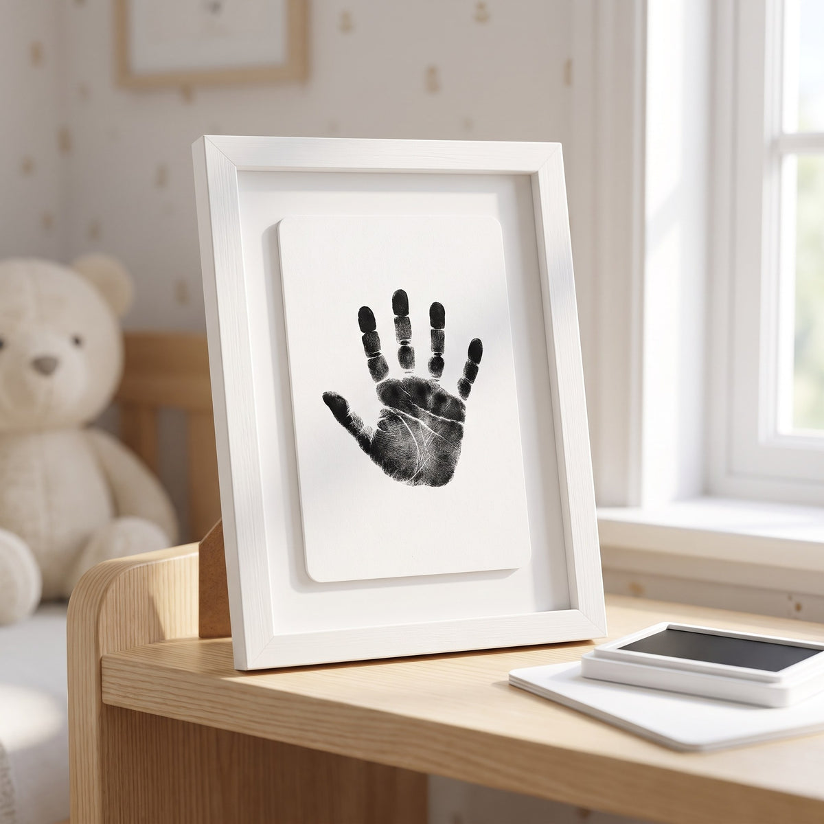 Inramat handavtryck från baby på hylla i barnrummet