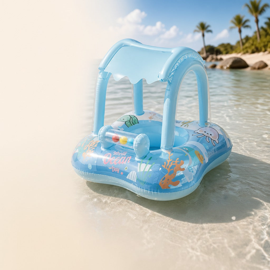 Blå uppblåsbar babybadring med soltak och havsmotiv på strand