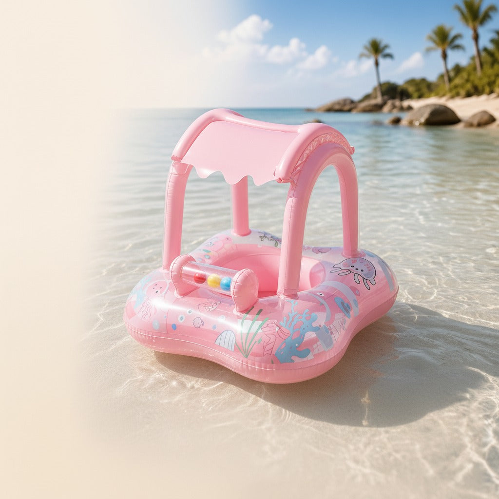 Rosa uppblåsbar babybadring med soltak och havsmotiv på strand