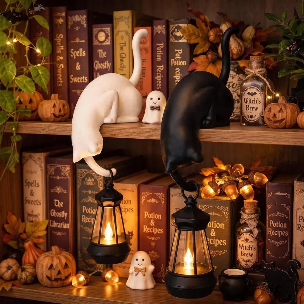 Kattfigurin med lykta i Halloween-dekoration – vit och svart