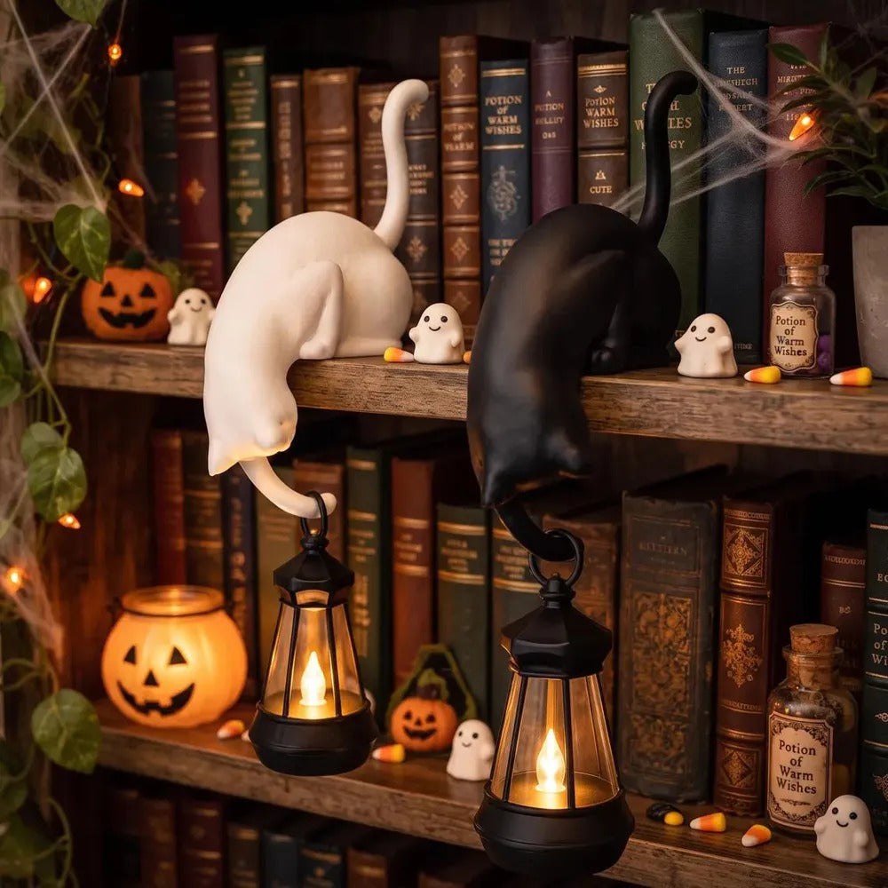 Kattfiguriner med lykta i Halloween-stil – vit och svart