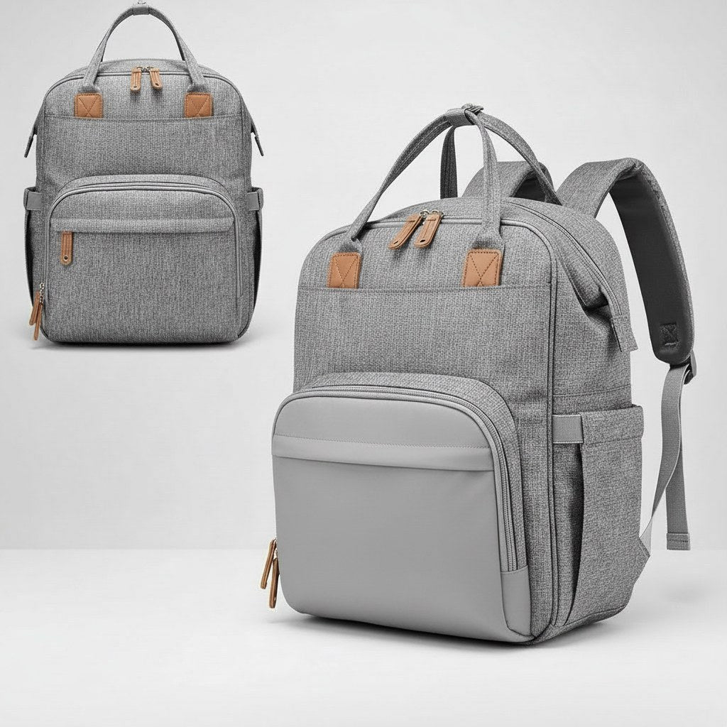 Blöjryggsäck med skötbädd – grå babybag framifrån och bakifrån