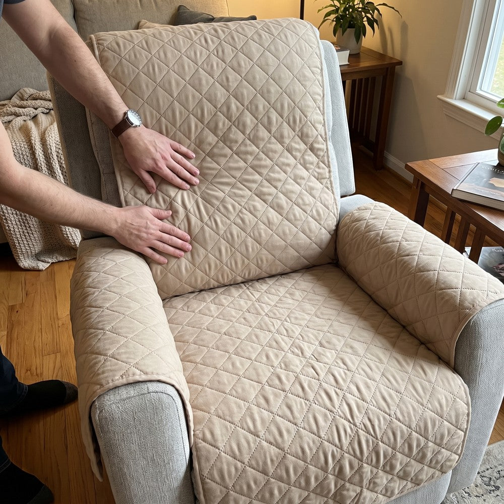 Händer som justerar beige quiltat reclinerskydd på fåtölj
