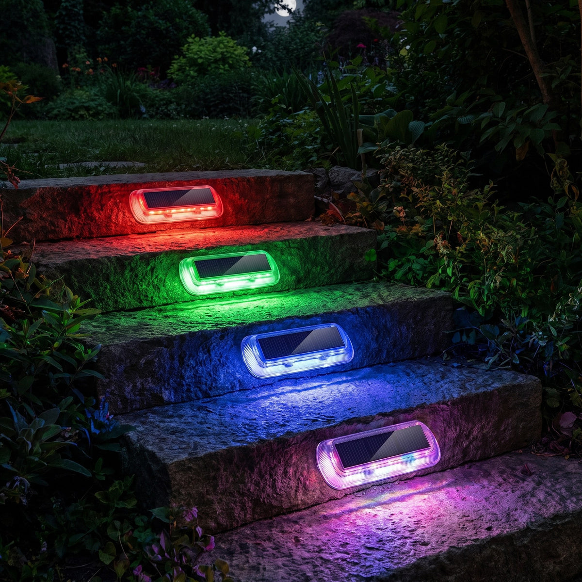 Fyra solcellslampor på stentrappa med flerfärgat RGB-ljus rött grönt blått lila