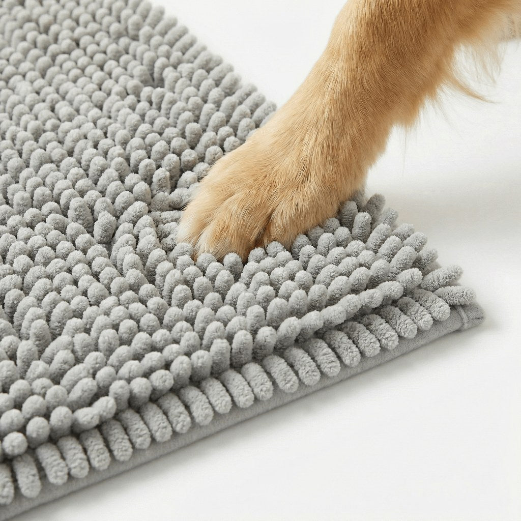 Närbild ljusgrå chenille hallmatta med hundtass