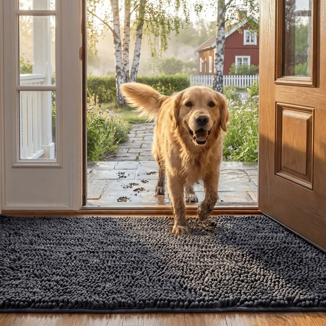 Absorberande hallmatta i mörkgrå med hund vid dörren