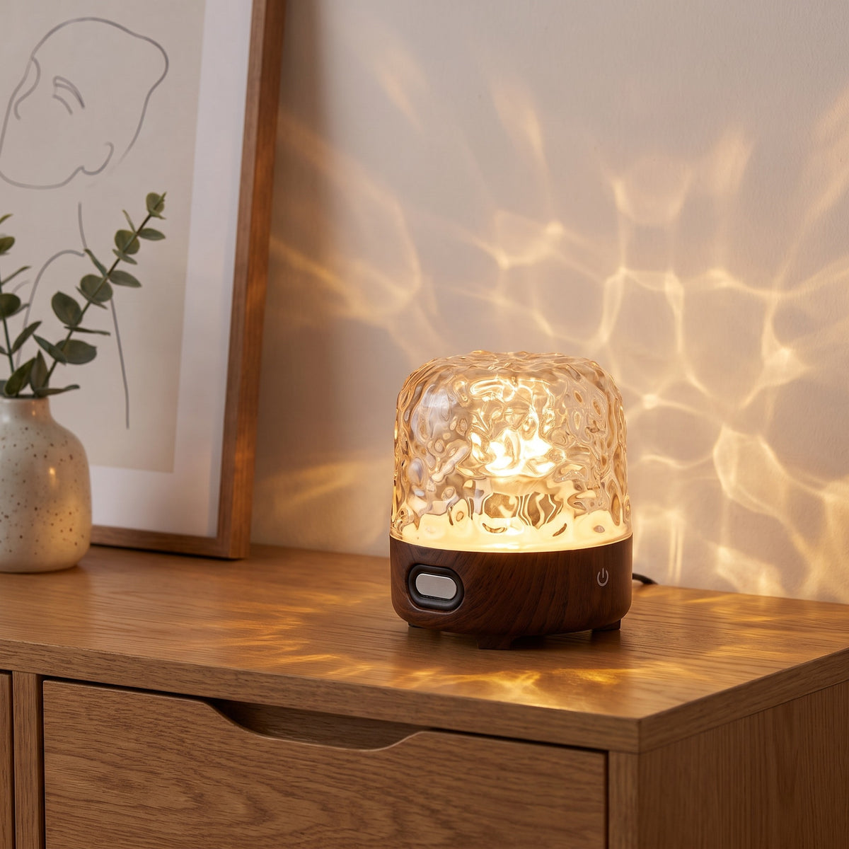 Havie Lamp med fot i mörk valnöt som lyser på en ekskänk och kastar vattenmönster på väggen
