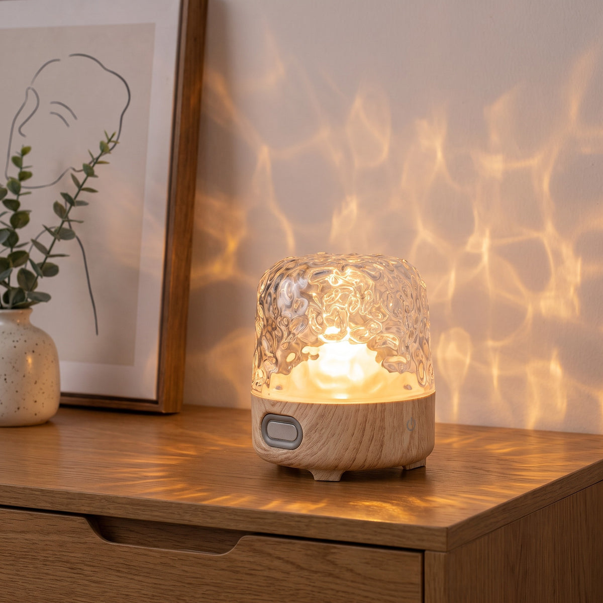 Havie Lamp med fot i ljust trä som lyser på en ekskänk och kastar vattenmönster på väggen