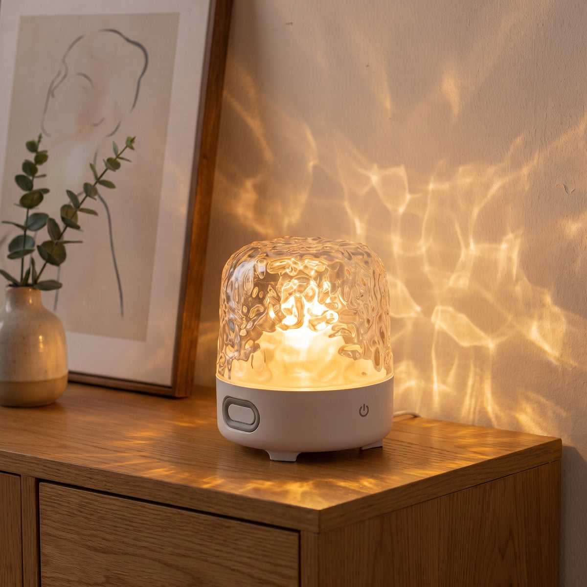 Havie Lamp med vit fot som lyser på en ekskänk och kastar vattenmönster på väggen