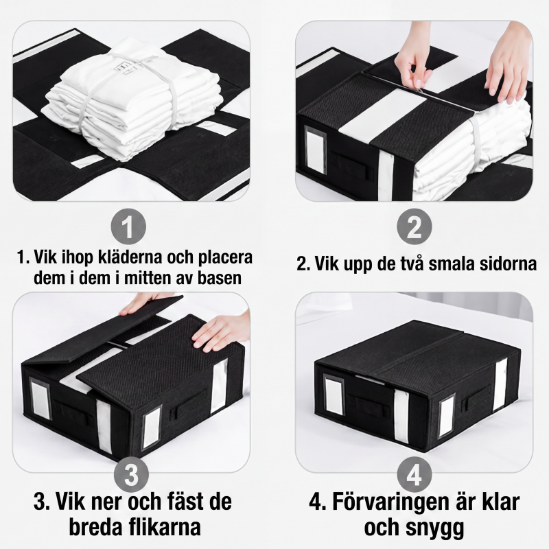 Instruktionsbilder som visar hur sängkläderna packas i boxen