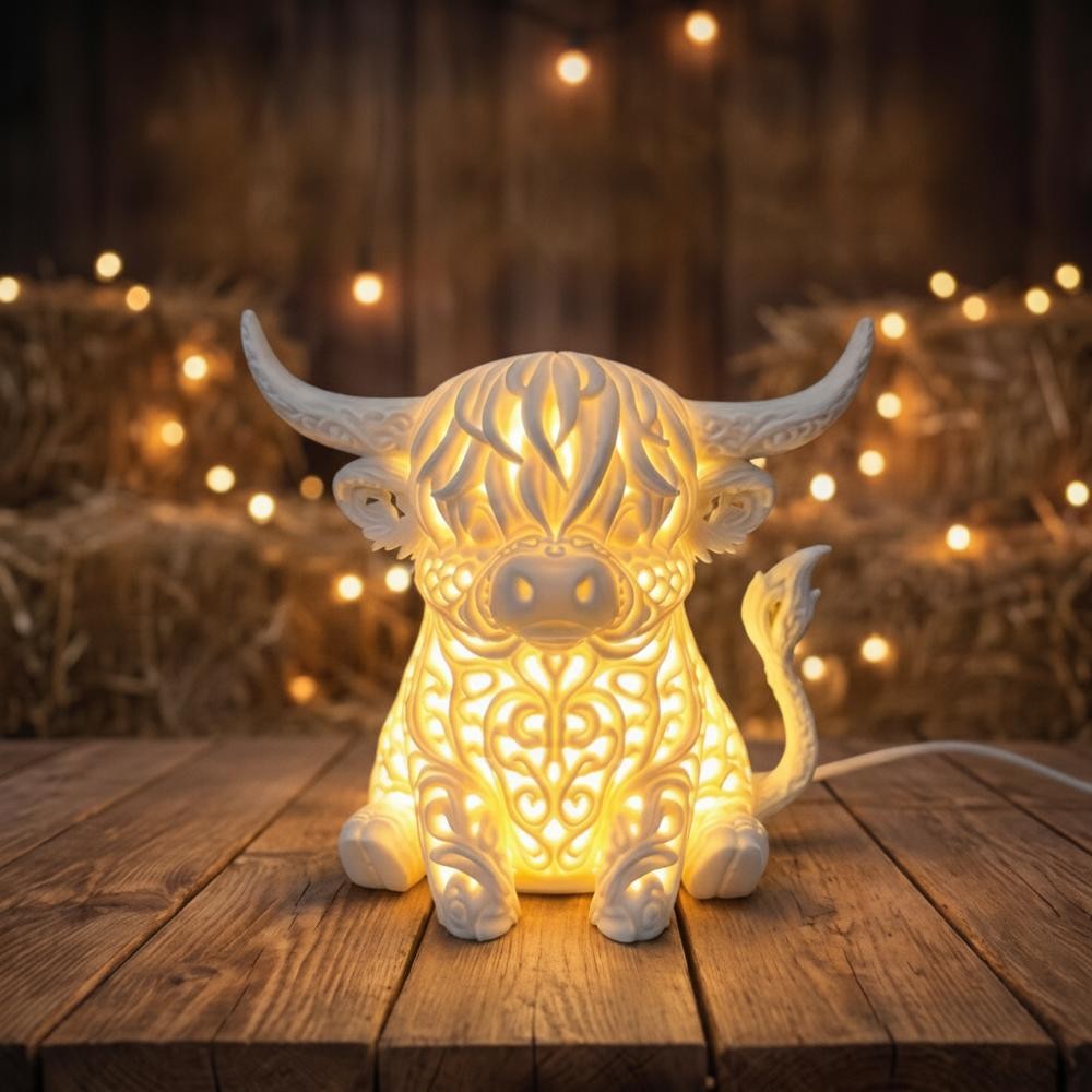 Dekorativ bordslampa höglandsko med varm glöd – rustik miljöbild