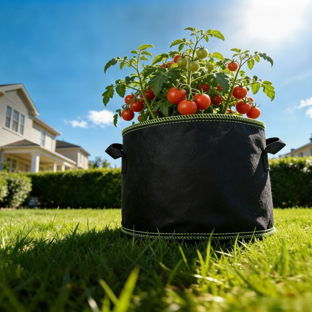 Odlingspåse i tyg med tomatplanta på gräsmatta