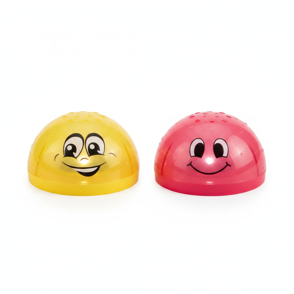 Gul och röd vattenleksak med smiley ansikten