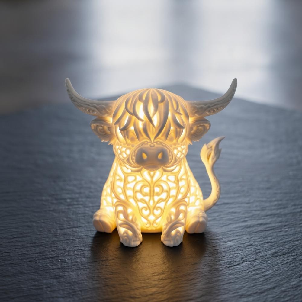Bordslampa höglandsko med LED-glöd på mörk yta