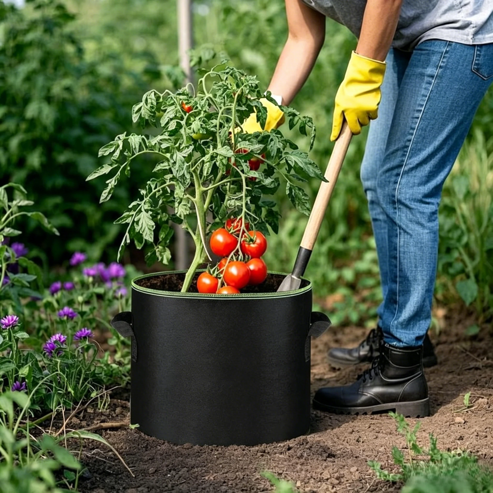 Person trädgårdsarbete med odlingspåse och tomatplanta