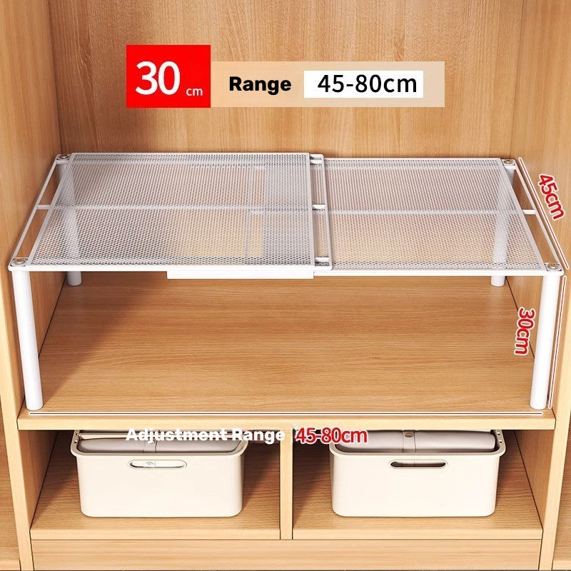 Måttdiagram för expanderbar hyllplan – höjd 30 cm, bredd 45–80 cm