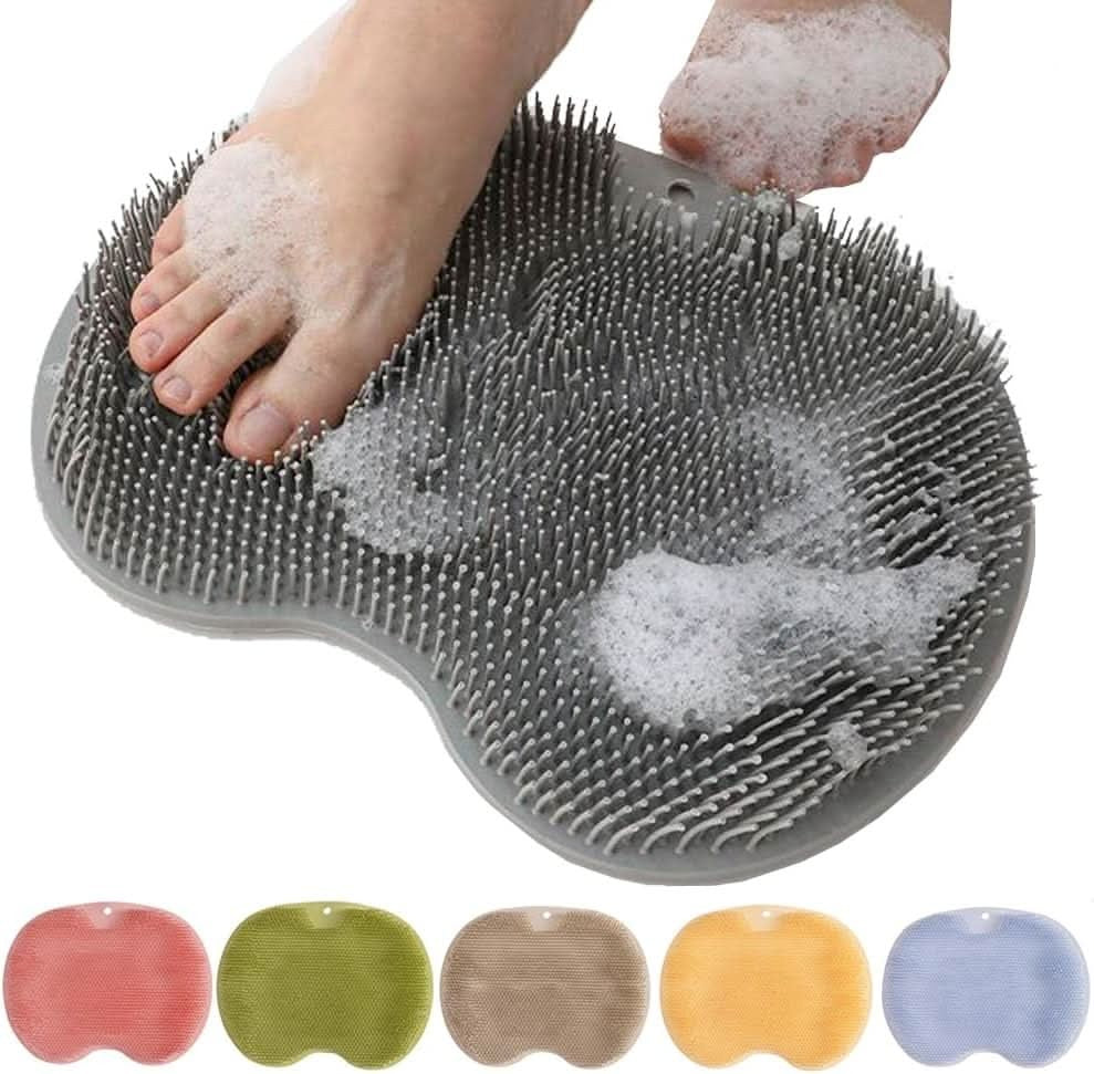 Grå silikonfotscrubber med tvålskum