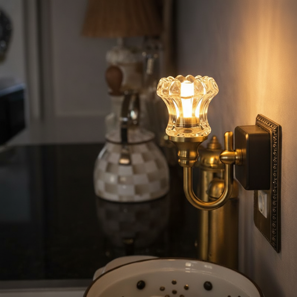 Vintage vägglampa lyser mjukt i badrum