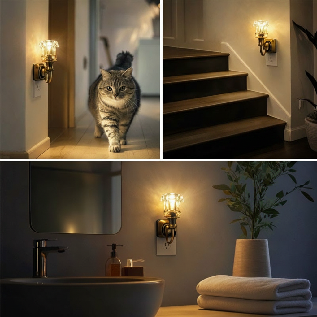 Vintage vägglampa i hall trappa och badrum