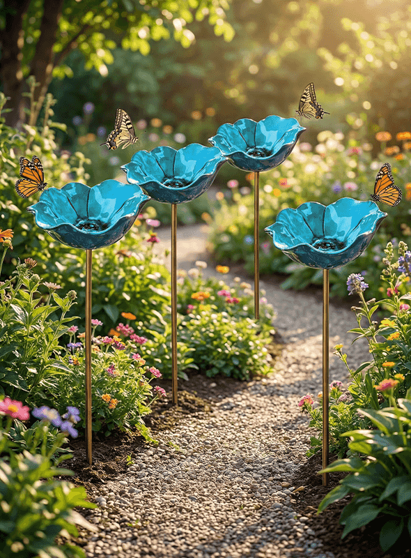 Blå metallblomma fågelbad