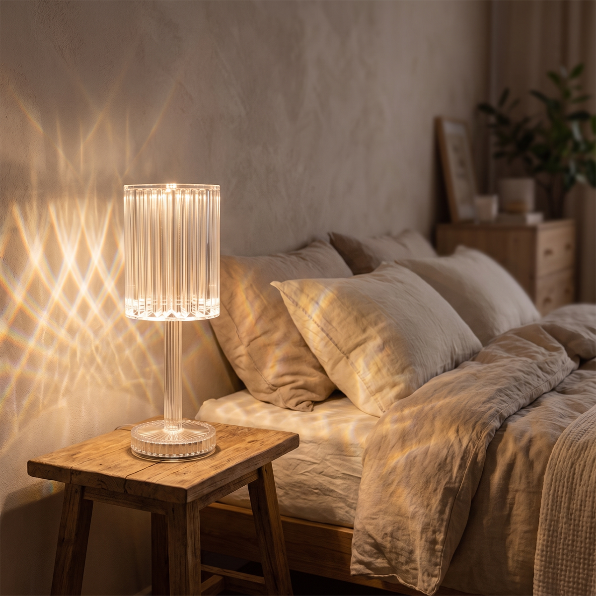 Kristallbordslampa som nattlampa på sängbord i sovrum