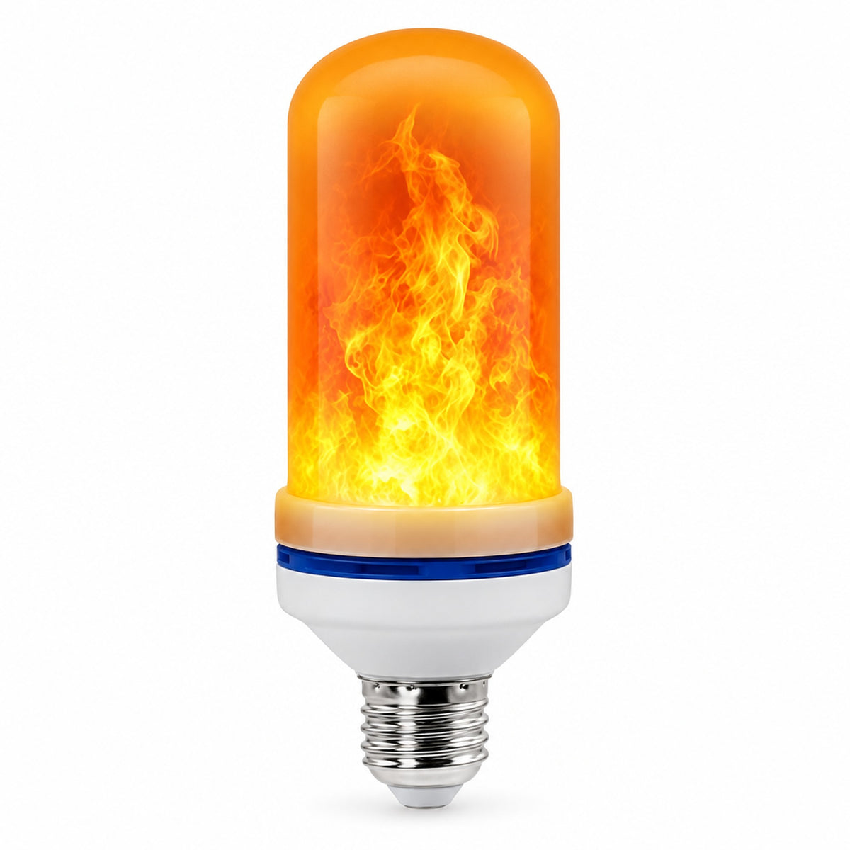 LED-lampa med gul flameffekt på vit bakgrund