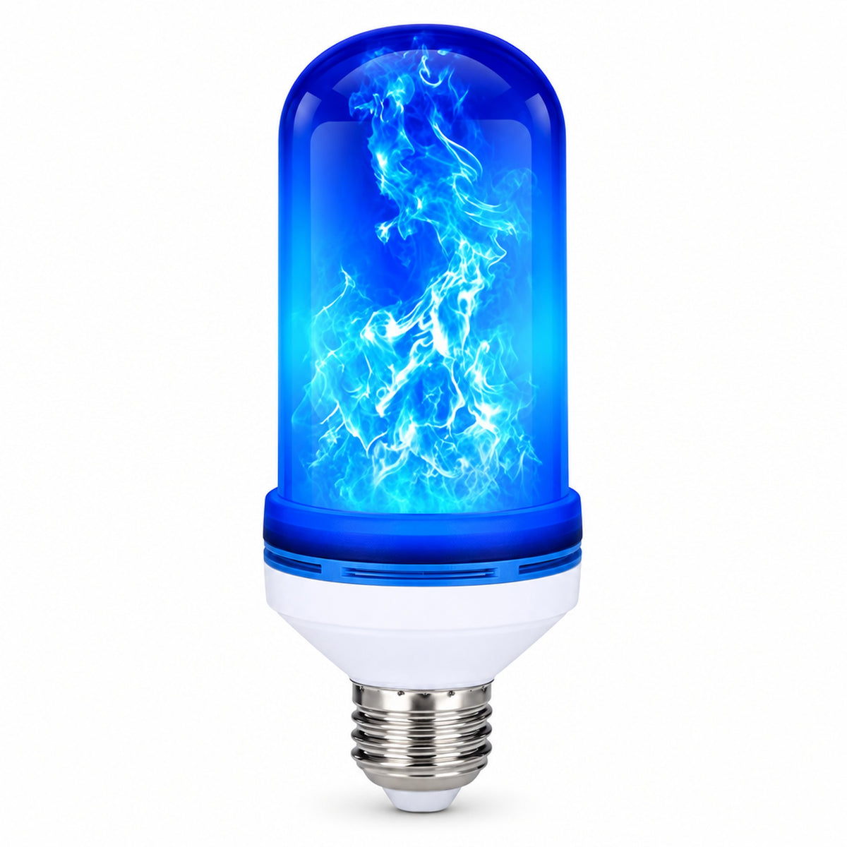 LED-lampa med blå flameffekt lyser i glaskolven